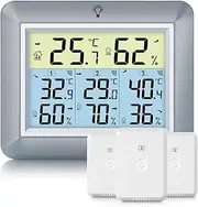 Urageuxy Wireless Indoor Outdoor Thermometer & Hygrometer with 3 Remote Sensors - Digital Humidity Monitor, Weather Station, 100M Range, Backlight, Max/Min Records (Gray)