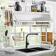 Simplus 85cm Dish Drying Rack with Door Knife Holder Drainer 2-Tier Kitchen Storage Over Sink Organiser White