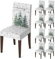 Horaldaily 8PCS Christmas Dining Chair Covers,White Christmas Pine Trees Stretch Removable Washable Slipcover Chair Protector for Dining Room Home Decor