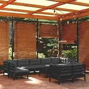 10 Piece Garden Lounge Set with Cushions Black Solid Pinewood Patio Bar Sets