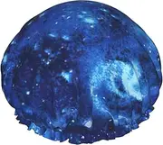 Blue Universe Space Galaxy Print Shower Cap For Women Men Reusable Lightweight Soft Bath Hair Cap With Elastic Band