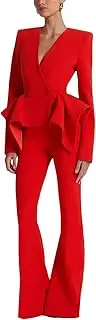 [Zadaos] Women's Fashion Runway Designer Suit Set V-Neck Ruffles Jacket Flare Pants Set 2Pcs