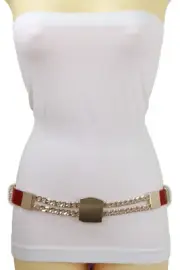 Women Red Color Elastic Waistband Hot Belt Gold Metal Square Buckle Fit Size S M