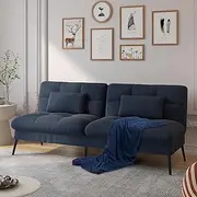COMHOMA 68" Modern Blue Polyester Iron Futon Sofa Bed, 2-Seater, 39.7" x 42.1" x 30.1"