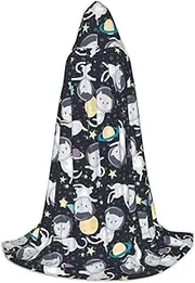 SKKNT Fun Cat Astronaut Print Halloween Hooded Cloak Full Length Cape With Hood For Men And Women For Carnival