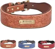 THAIN Personalized Dog Collar with Name Plate Soft Padded Wide Leather Dog Collar Adjustable Custom with Heavy Duty Metal Buckle for Medium Large Dogs (Brown, L)
