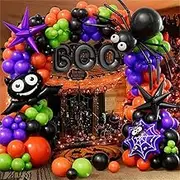 Halloween Balloons Garland Arch kit, 140pcs Black Orange Green Purple Eyes Balloons, Spider Bat Boo Foil Balloons, Black Purple Explosion Star Foil Balloons for Halloween Party Decorations (A)