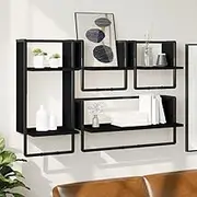 Wall Shelves Set, Oak Floating Hanging Ledge for Wall, Black Wood Shelf with Bars, Engineered Frame Maximise Space