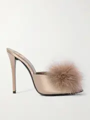 [SAINT LAURENT] SAINT LAURENT - Goldie Feather-trimmed Satin Mules - Pastel pink - EU 36 EU 36 Pink