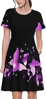 [EdWal] Butterfly Purple Print Womens Sundress Summer Floral Short Sleeve Wrap Round Neck A-Line Midi Dress Summer