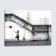 [Wieco Art] Banksy Grafitti Girl with Red Balloon Modern Stretched and Framed Giclee Canvas Prints Artwork Grey Love Pictures Paintings on Canvas Wall Art for Living Room Bedroom Home Decorations