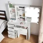 White Vanity Table Set with Stool Drawers LED Lights Mirror Bedroom Make up Desk
