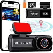 4K Dashcam Car WiFi Car Camera with 64GB Card App Night Vision Loop Recording G-Sensor 24h Parking Mode Flip Mirror 170° Wide Angle (K6 Front Camera)