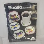 Bucilla Plastic Canvas Pansy Coasters Holder 7 Piece Set Needlepoint KIT