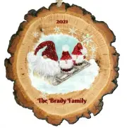 Personalized Sledding Gnomes Ornament, Wood Slice Ornament, Custom Gnome Gift