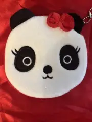 NEW ADORABLE PANDA BEAR RED BOW COIN PURSE POUCH ZIP KEYCHAIN EMBROIDERY NIP