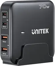 70W Desktop GaN Charging Station, Supports USB-C*2 PD3.0 (70W) + USB-A*2 QC3.0 (30W), 1.5M AC Power Cord, Compatible with Phones, Tablets, Switch and laptops, Black