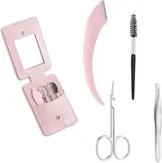 Eyebrow 5PCS Trimmer Kit - Set with Eyebrow Scissors, Eyebrow Razor, Tweezer, Brush, and Mirror, Includes Leather Carry-Around Bag - Women's Grooming Tools for Eyebrows - Pink