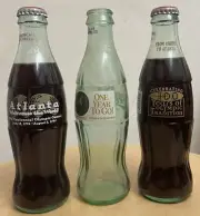 Atlanta Olympics Centennial Coca Cola Coke Green Glass Bottles 10 Oz 2 Full