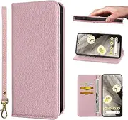 NanHou Google Pixel 8 Wallet Case Microfiber Leather RFID Blocking Magnetic Closure Kickstand Wrist Strap Card Holder Shockproof Flip Cover - Pink