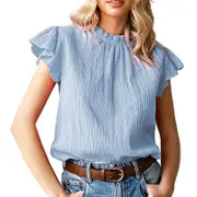 Nevenka Womens Ruffle Sleeve Blouses Summer Casual Plain Round Neck Loose Fit Tops-Sky Blue