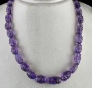 ANTIQUE NATURAL AMETHYST BEADS CARVED LONG 332 CARATS GEMSTONE SILVER NECKLACE