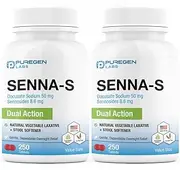 Puregen Labs Senna-S Natural Vegetable Laxative Plus Stool Softener Dual Action - Total 500 Tablets Senna Plus | Gentle Dependable Overnight Relief of Occasional Constipation - 2Pack