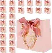 24Pcs Small Thank You Gift Bags Paper Party Bags with Handles Grey Marble Pattern Present Bags with Gold Bow Ribbon Mini Pink Party Favor Bags for Birthday Wedding (Pink)