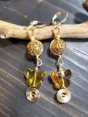 UNIQUE GOLD FILIGREE BEAD/GOLD TOPAZ CRYSTAL BUTTERFLY/GOLD WIRE EARRINGS