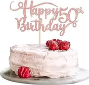 Rsstarxi 1 Pack Happy 50th Birthday Cake Topper Rose Gold Glitter Number 50 Fifty Years Old Pick Decoration For Celebrating Anniversary Party Supplies. XM042