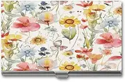 [QWNMD] Business Card Case Box Buckle Style Shut Metal Business Card Holder Watercolor Springtime Flowerprinted Slim Purse Name Card Holders for Business Cards Men Women