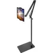 Tablet Floor Stand with Double Weight Base, Overhead Bed Phone Mount Height Adjustable Arm Stretchable Stand Holder, Compatible with iPad Mini Air Pro, Galaxy Tab, Kindle, Switch, Cell Phones-Black
