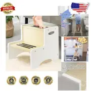 Stylish Kids Step Stool - White-Natural Two Step Design for Bathroom & Kitchen