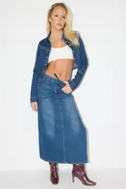 Denim Maxi Skirt Mid Rise Side Split - Size 12, Women's Midi Skirt