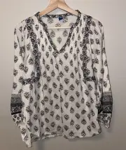 OLD NAVY Peasant Boho Floral Pullover Top Blouse Sz L M Cream Black NWT