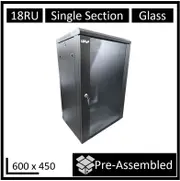 LDR Assembled 18U Wall Mount Cabinet (600mm x 450mm) Glass Door - Black Metal Construction - Top Fan Vents - Side Access Panels