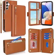 SunYoo for Galaxy A14 5G Case Leather Wallet with Card Holders Money Slots Wrist Strap for Women Men RFID Blocking Purse for Samsung A14 5G Zipper Coin Pocket Cover Kickstand Folio Flip Case Brown