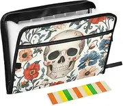 Quteprint 13 Pockets Expanding File Folder with Zipper Closure, Daisy Flowers Skull Accordion File Folder with Sticky Labels, Letter Size A4 Papers Expandable File Document Organizer