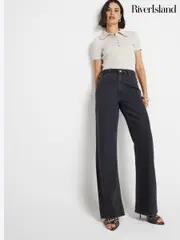 River Island Black Petite High Rise Relaxed Straight 100% Cotton Jeans (E73080) | $108