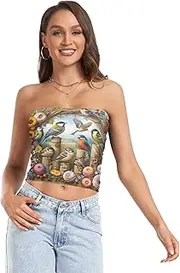 [RPLIFE] Beautiful Flowers and Birds Crop Tube Top Strapless Top, Sheer Tube Tops, Summer Clothes (S)