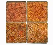 Studio Vertu, Set of 4, "Tooled Leather" Tumbled Italian Marble Coasters, New