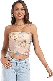 [FRODOTGV] Indigo Birds Peach Flowers Womens Tube Tops Fashion Crop Tube Top Sports Bra for Lady Casual