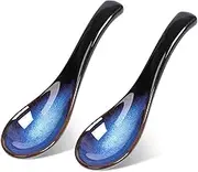 Asian Soup Spoon Set, Blue Japanese Soup Spoon Ceramic Chinese Soup Spoons Ramen Spoon Retro Porcelain Spoon Rice Spoons For Cereal Stews Ramen Pho Wonton Dumpling Miso, 2pcs