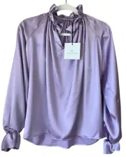 Chloe Kristyn Women's Satin Zoe Blouse Ruffle Balloon Sleeve Peasant Purple XXS