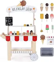 labebe Wooden Ice Cream Cart for Kids, Toddler Ice Cream Truck Pull-Along Pretend Play Stand for 3-8Y, Children Role Play ice cream toy Trolley with Blackboard, ringbell, Ice-lolly for 36M+ Girls Boys