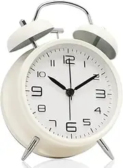 Betus [Non-Ticking] Twin Bell Alarm Clock - Metal Frame 3D Dial with Backlight Function - Desk Table Clock for Home & Office - Milk White