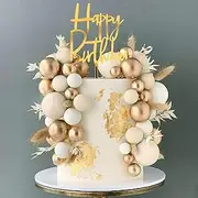 DRWATE Boho Grass Cake Topper - Khaki & White Gold Pearl Balls - Happy Birthday Cake Decorations for Wedding, Baby Shower & Boho Themed Parties