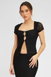 Black Top Short Sleeve Sweetheart Keyhole Hook & Eye - Size 6, Women's Top