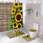 Sztxj 4 Pieces Sunflower Shower Curtains with Non Slip MatFlowers, Toilet Lid and Bath Mat, Vintage Waterproof Bathroom Shower Curtain with 12 Hooks