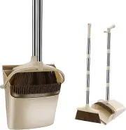 Broom and Dustpan Set, Long Handle Standing Dustpan and Broom Set with Dustpan T